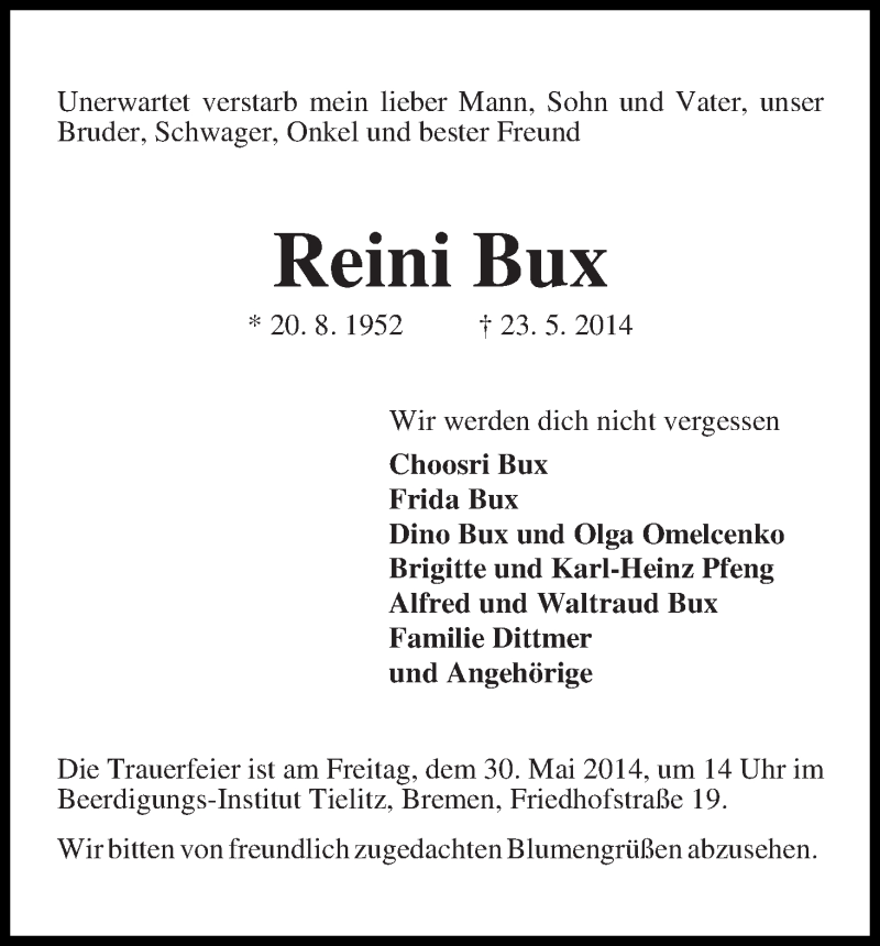 Traueranzeige von Reini Bux von WESER-KURIER