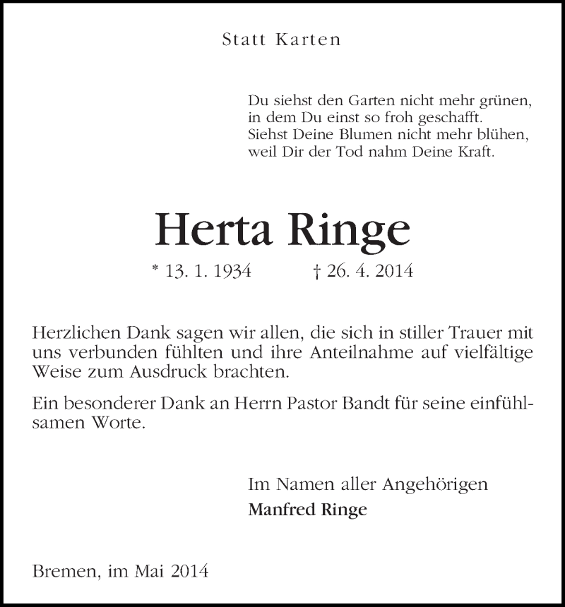 Traueranzeige von Herta Ringe von WESER-KURIER