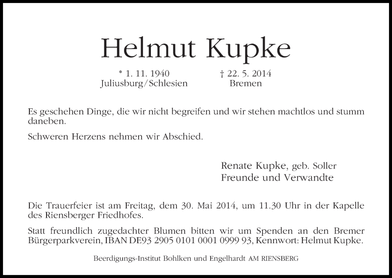 Traueranzeige von Helmut Kupke von WESER-KURIER