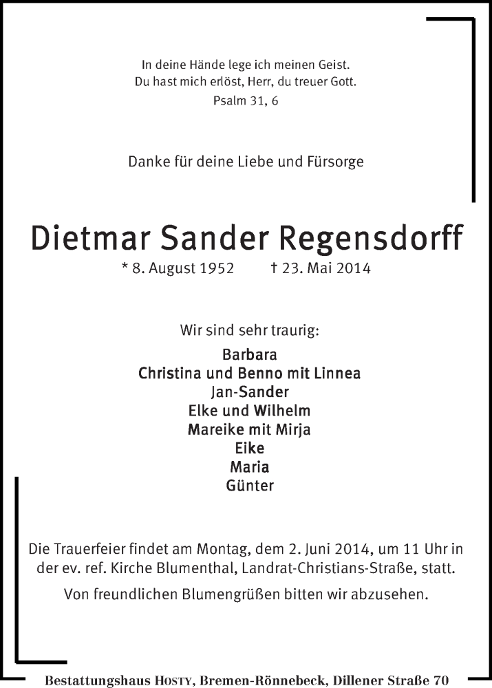 Traueranzeige von Dietmar Sander Regensdorf von Die Norddeutsche