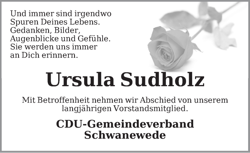 Traueranzeige von Ursula Sudholz von Die Norddeutsche