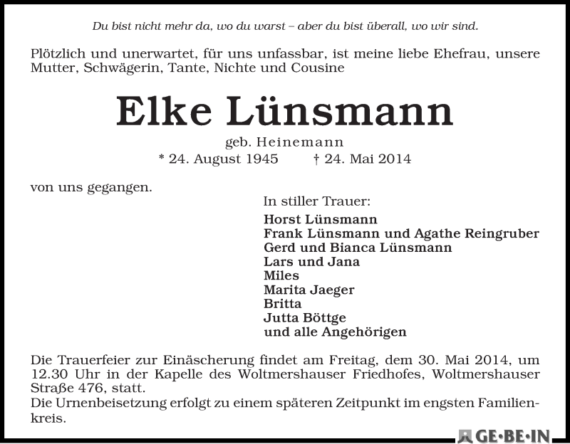 Traueranzeige von Elke Lünsmann von WESER-KURIER
