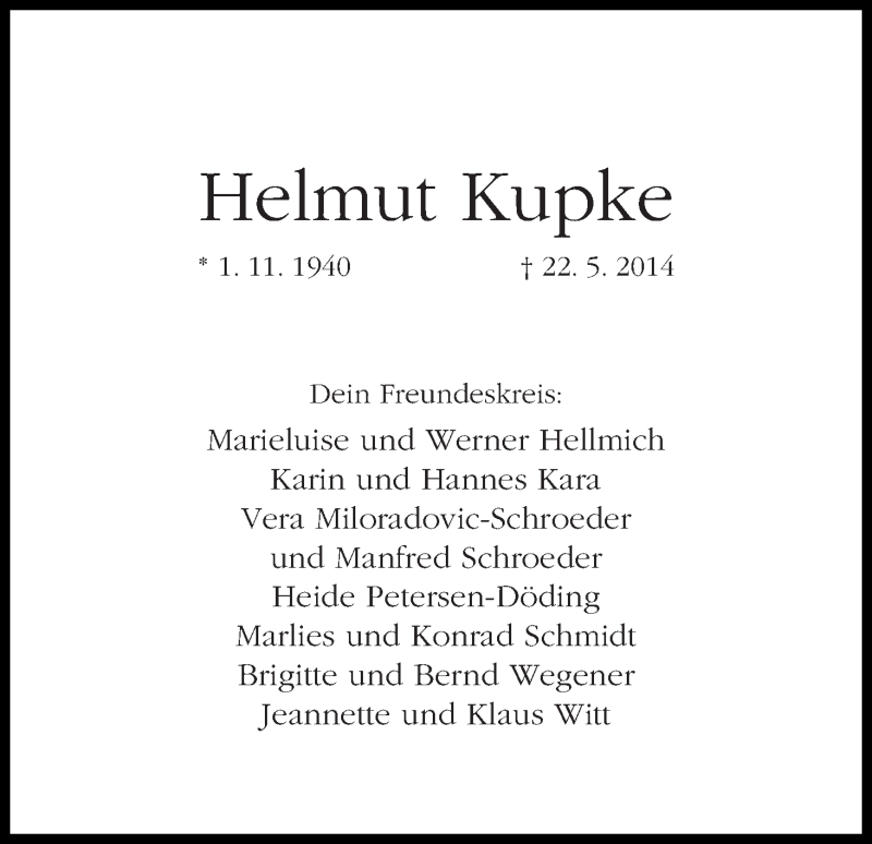 Traueranzeige von Helmut Kupke von WESER-KURIER