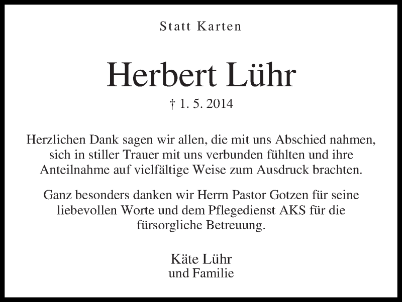 Traueranzeige von Herbert Lühr von WESER-KURIER