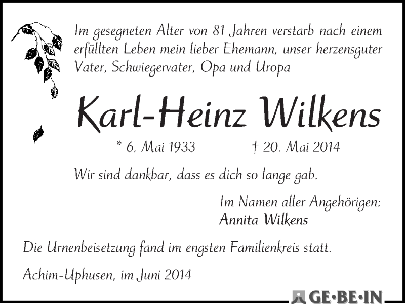 Traueranzeige von Karl-Heinz Wilkens von WESER-KURIER