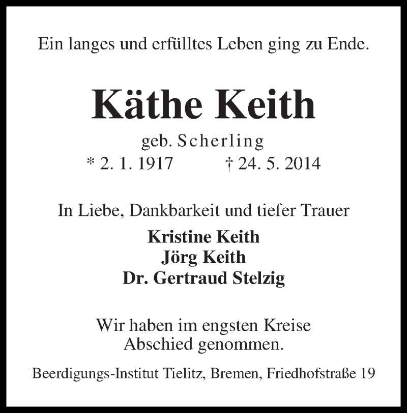 Traueranzeige von Käthe Keith von WESER-KURIER
