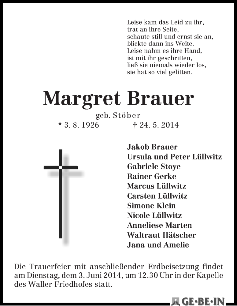 Traueranzeige von Margret Brauer von WESER-KURIER