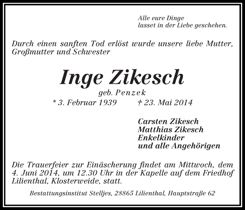 Traueranzeige von Inge Zikesch von Wuemme Zeitung
