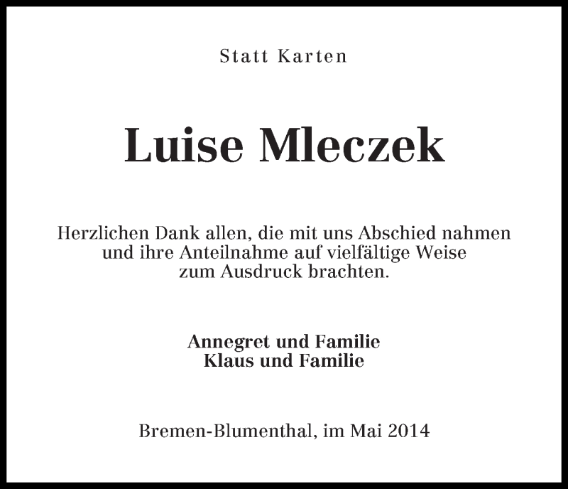 Traueranzeige von Luise Mleczek von Die Norddeutsche