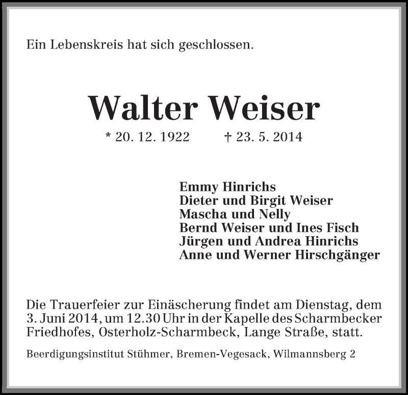 Traueranzeige von Walter Weiser von Osterholzer Kreisblatt