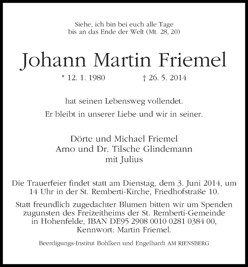 Traueranzeige von Johann Martin Friemel von WESER-KURIER