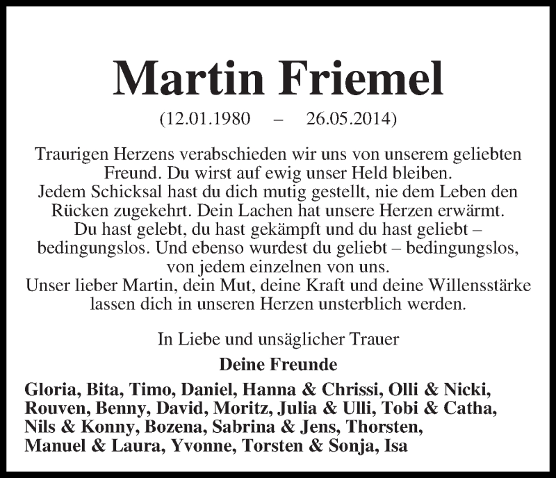 Traueranzeige von Martin Friemel von WESER-KURIER
