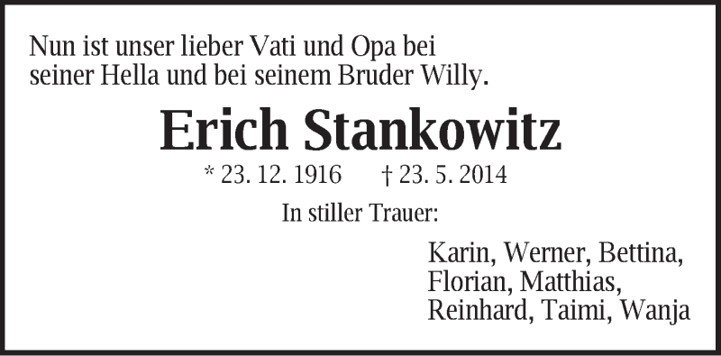 Traueranzeige von Erich Stankowitz von WESER-KURIER