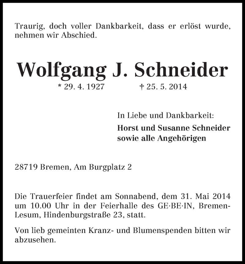 Traueranzeige von Wolfgang J. Schneider von WESER-KURIER