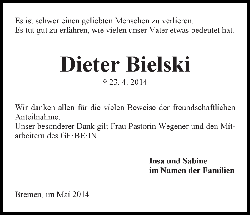 Traueranzeige von Dieter Bielski von WESER-KURIER