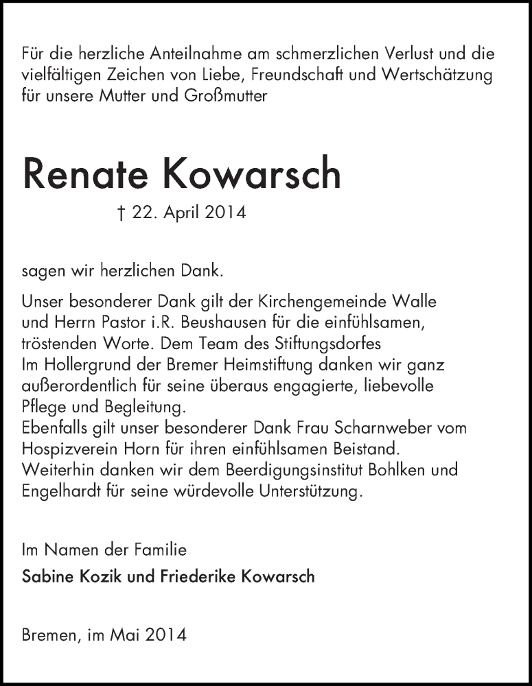 Traueranzeige von Renate Kowarsch von WESER-KURIER