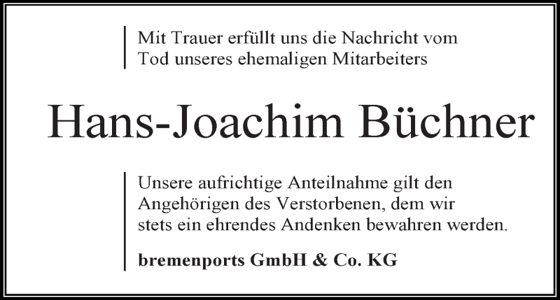 Traueranzeige von Hans-Joachim Büchner von WESER-KURIER