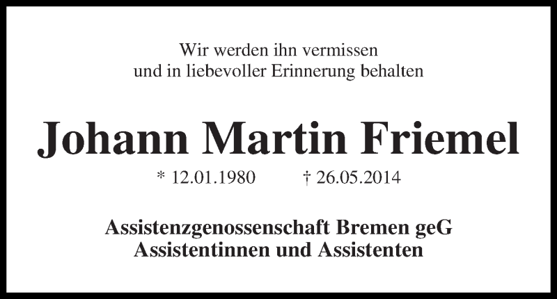Traueranzeige von Johann Martin Friemel von WESER-KURIER