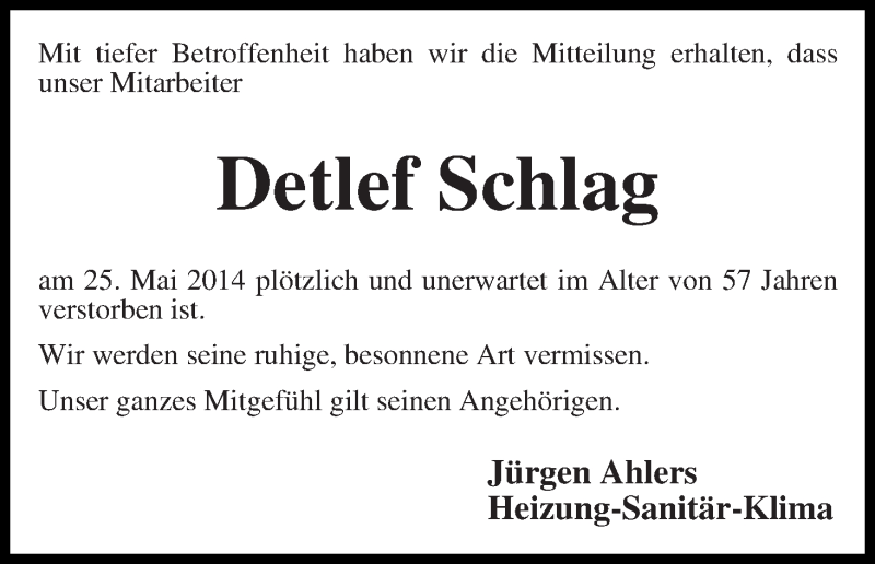 Traueranzeige von Detlef Schlag von Die Norddeutsche