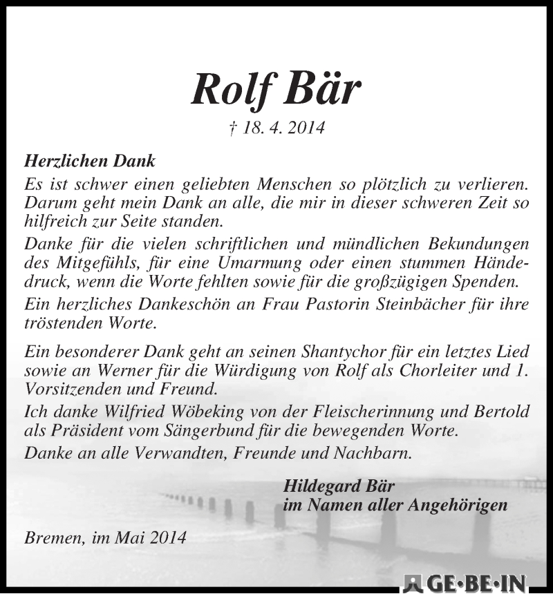 Traueranzeige von Rolf Bär von WESER-KURIER
