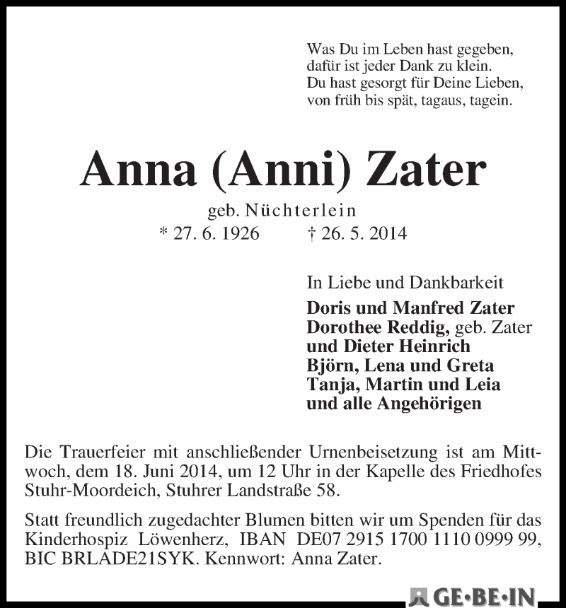 Traueranzeige von Anna (Anni) Zater von WESER-KURIER