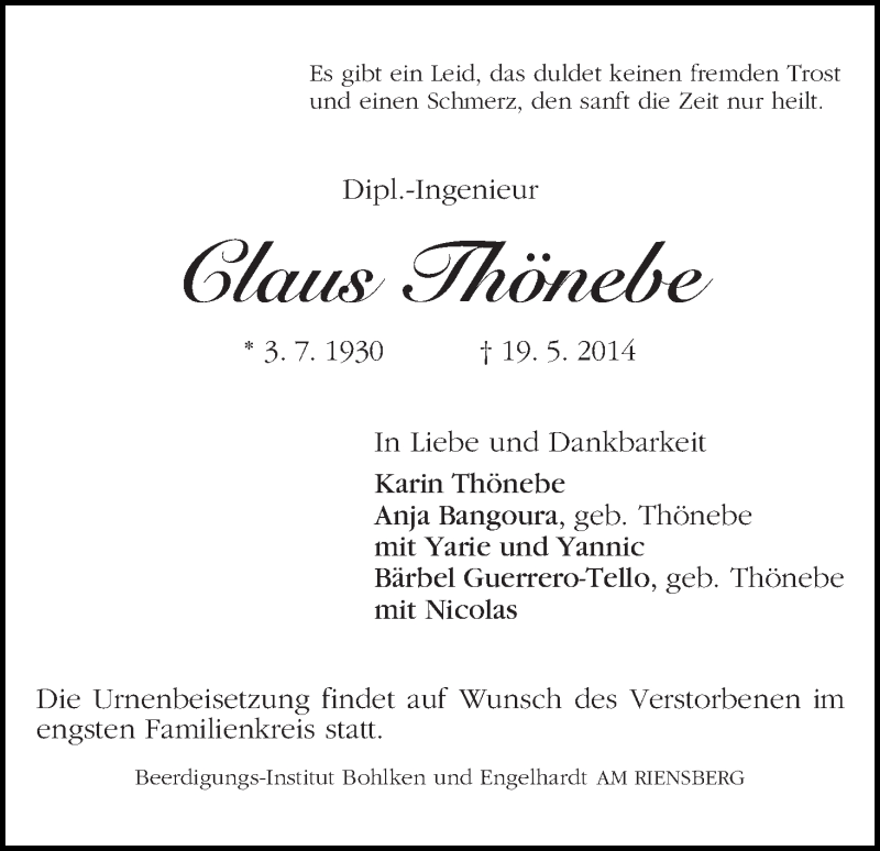 Traueranzeige von Claus Thönebe von WESER-KURIER
