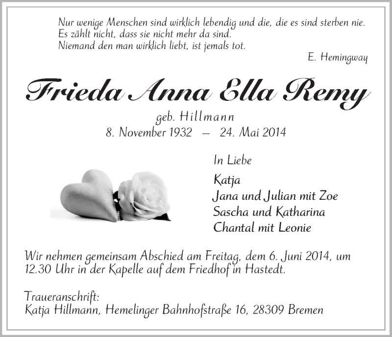 Traueranzeige von Frieda Anna Ella Remy von WESER-KURIER