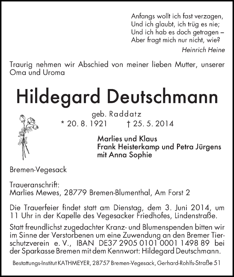 Traueranzeige von Hildegard Deutschmann von Die Norddeutsche