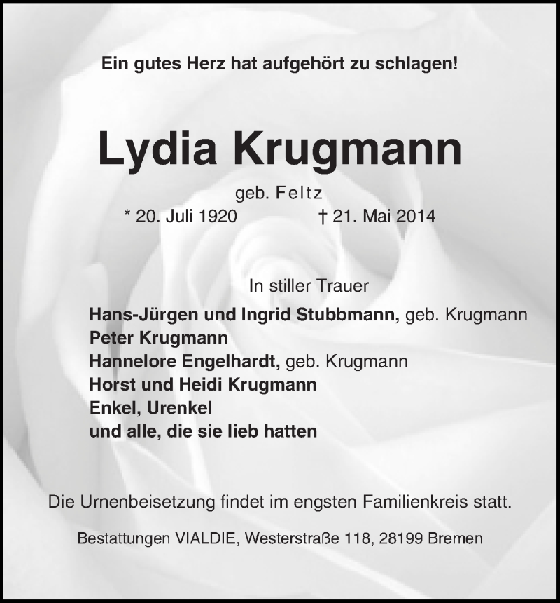 Traueranzeige von Lydia Krugmann von WESER-KURIER