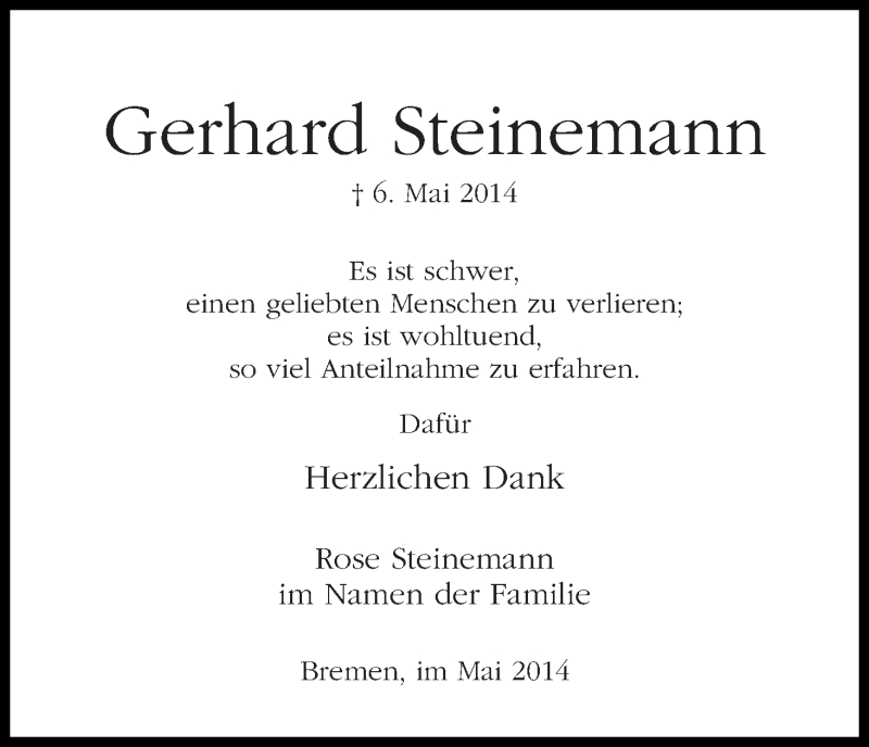 Traueranzeige von Gerhard Steinemann von WESER-KURIER
