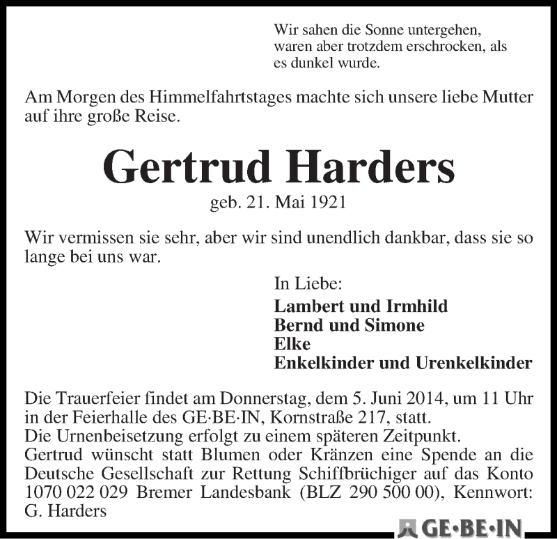 Traueranzeige von Gertrud Harders von WESER-KURIER