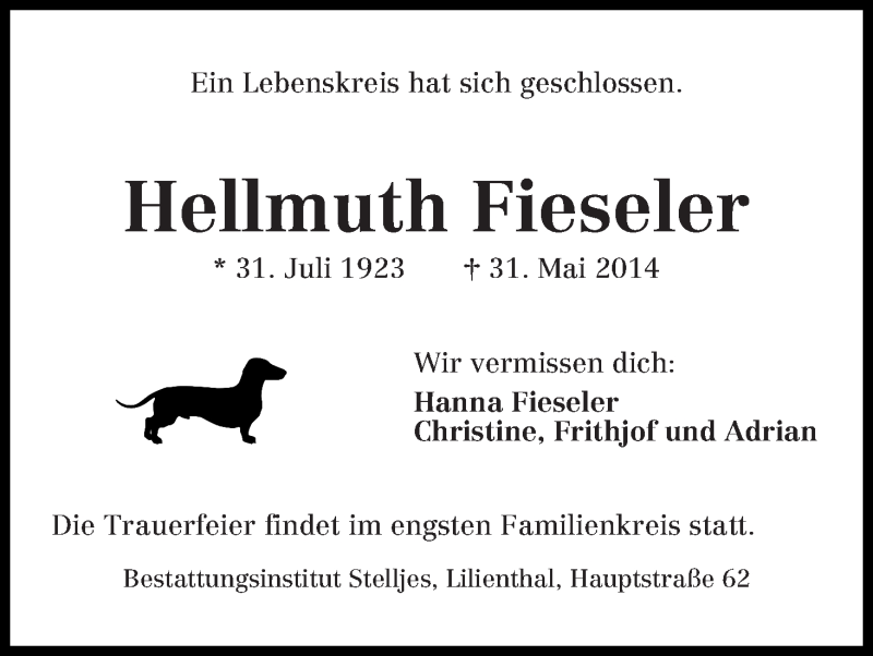 Traueranzeige von Hellmuth Fieseler von Wuemme Zeitung
