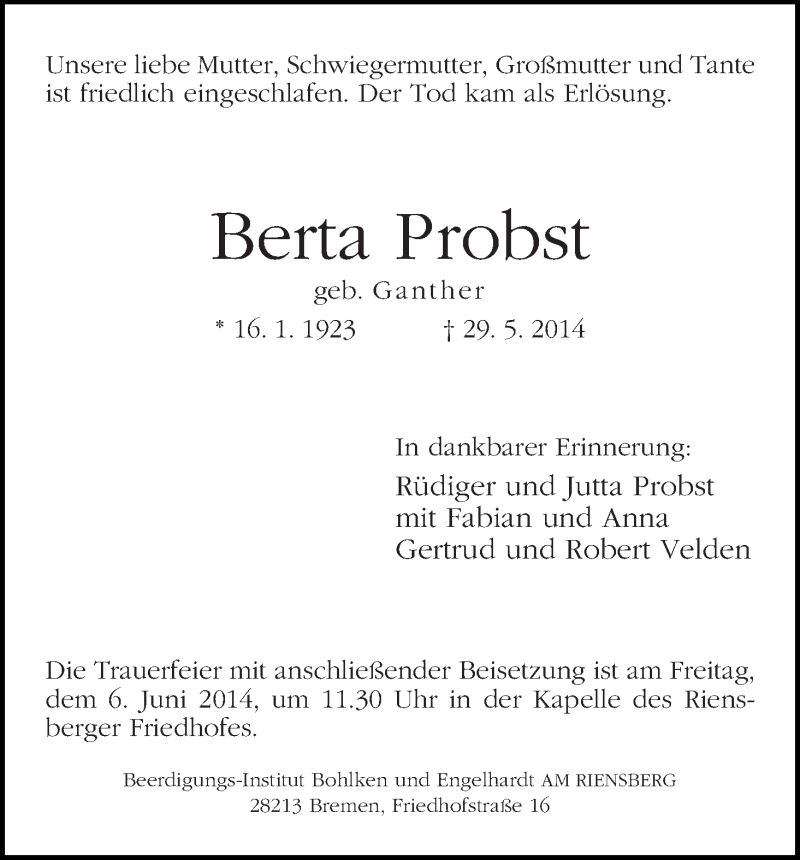 Traueranzeige von Berta Probst von WESER-KURIER