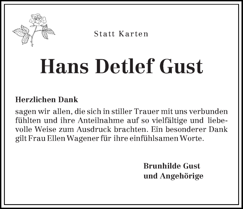 Traueranzeige von Hans Detlef Gust von WESER-KURIER