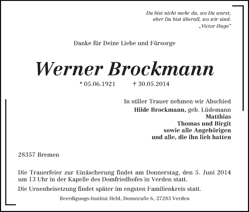 Traueranzeige von Werner Brockmann von WESER-KURIER