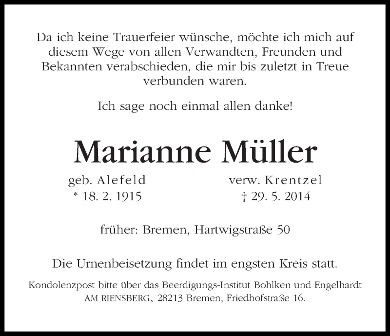 Traueranzeige von Marianne Müller von WESER-KURIER