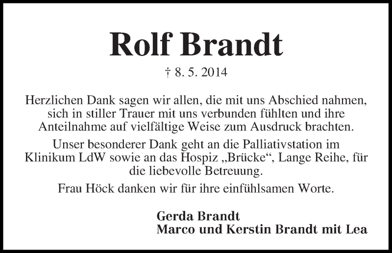 Traueranzeige von Rolf Brandt von WESER-KURIER