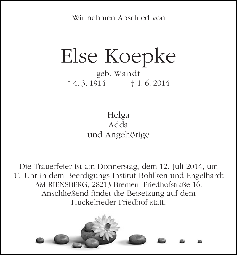 Traueranzeige von Else Koepke von WESER-KURIER