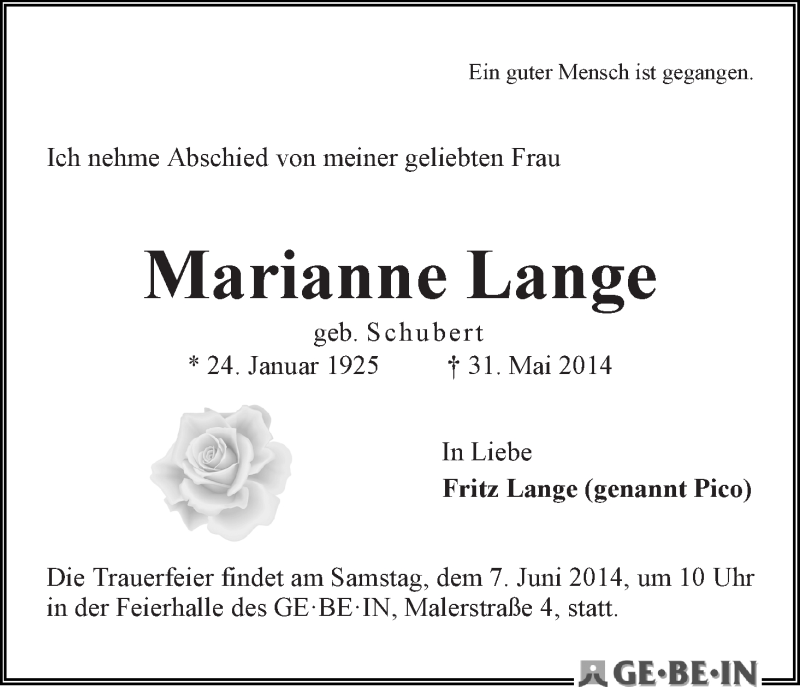 Traueranzeige von Marianne Lange von WESER-KURIER