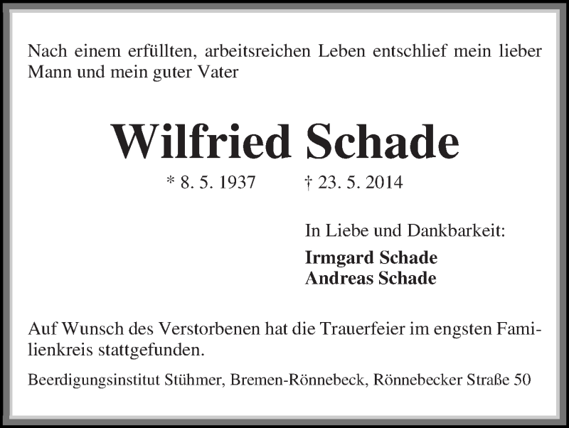 Traueranzeige von Wilfried Schade von Die Norddeutsche
