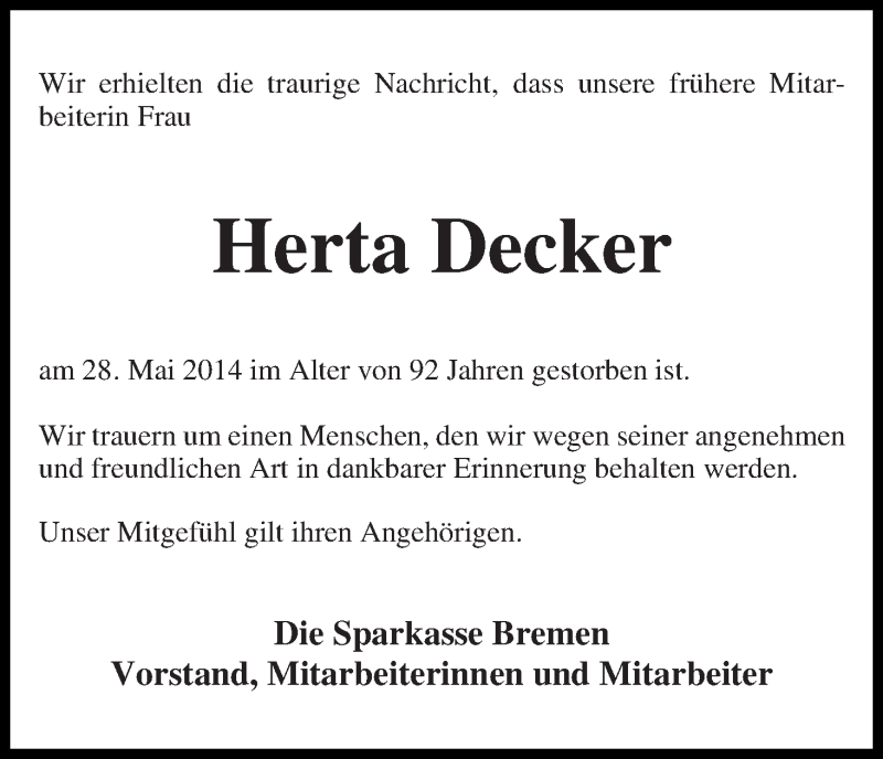 Traueranzeige von Herta Decker von WESER-KURIER