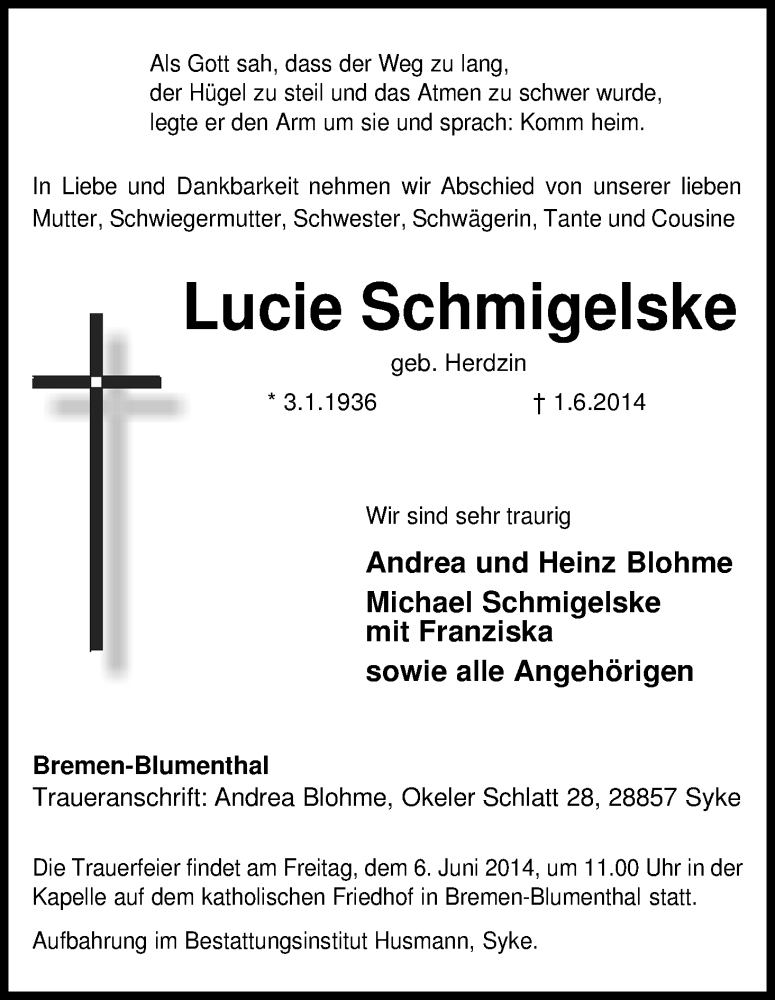 Traueranzeige von Lucie Schmigelske von Die Norddeutsche