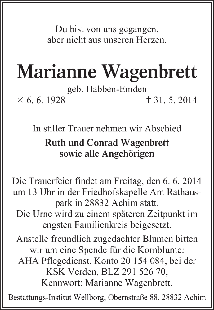 Traueranzeige von Marianne Wagenbrett von WESER-KURIER