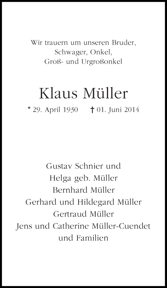 Traueranzeige von Klaus Müller von WESER-KURIER