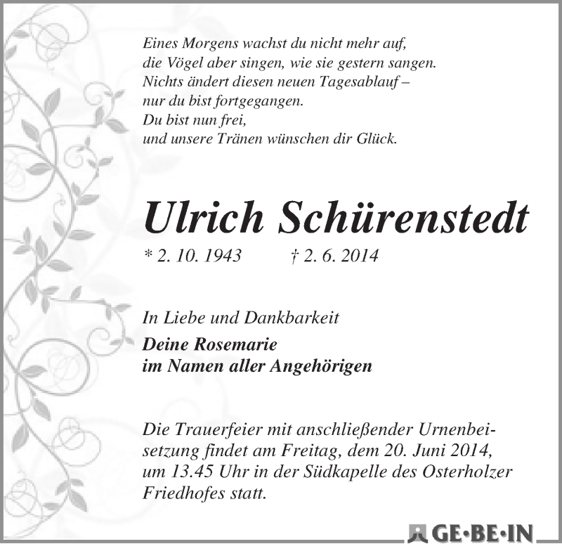 Traueranzeige von Ulrich Schürenstedt von WESER-KURIER