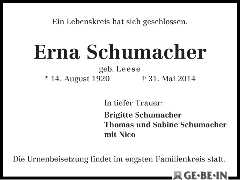 Traueranzeige von Erna Schumacher von WESER-KURIER
