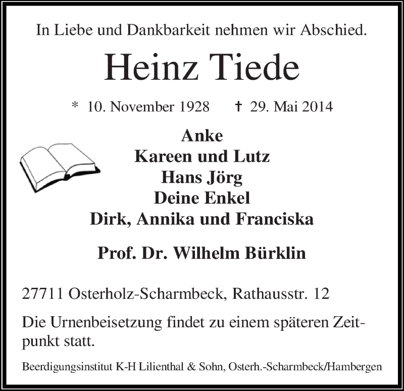 Traueranzeige von Heinz Tiede von WESER-KURIER