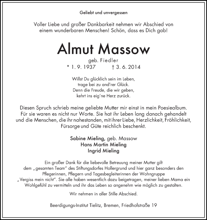 Traueranzeige von Almut Massow von WESER-KURIER