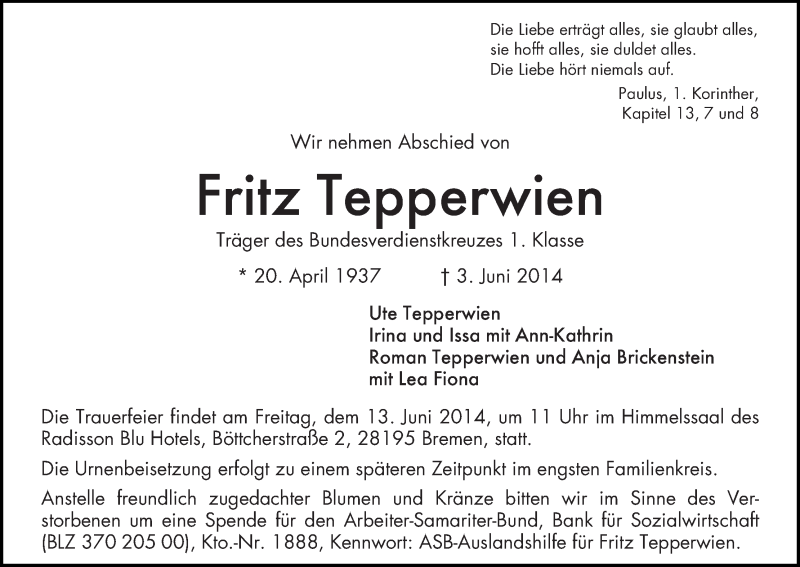Traueranzeige von Fritz Tepperwien von WESER-KURIER