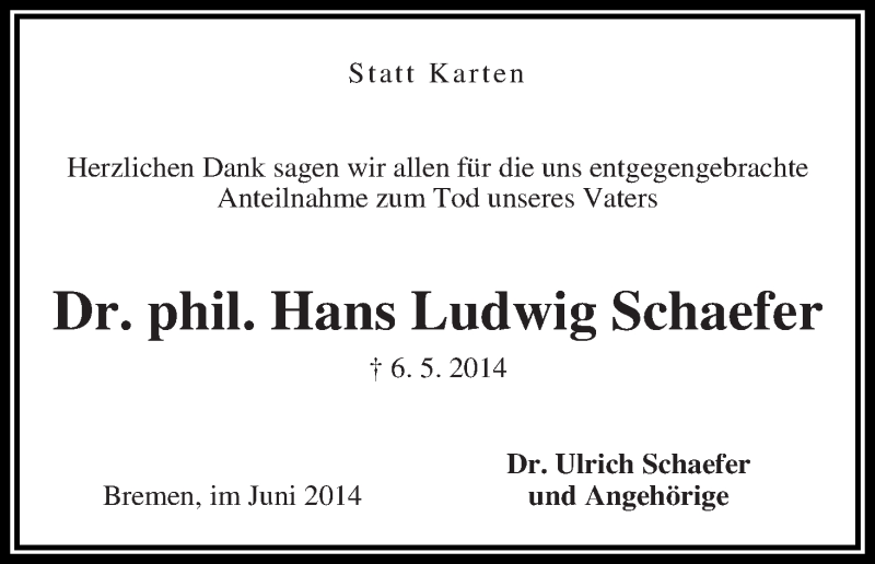 Traueranzeige von Hans Ludwig Schaefer von WESER-KURIER